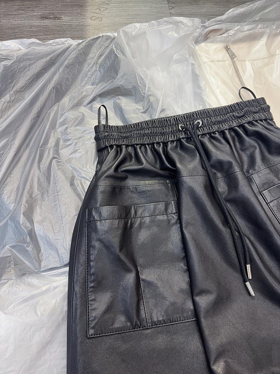 Women Leather Skirt Mid-Length with Pockets & Elastic Waist