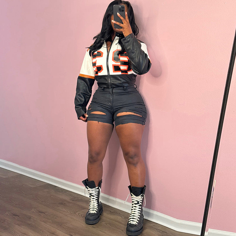 Cropped Faux Leather Bomber Jacket With Patch