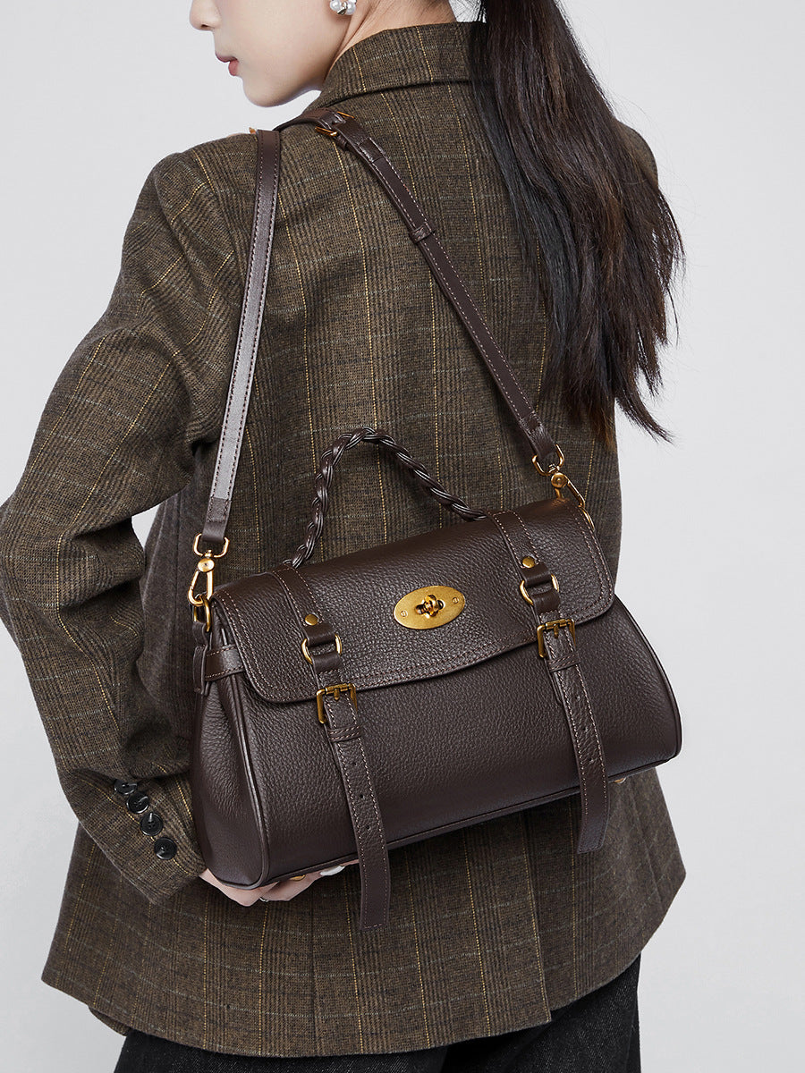 Black Leather Shoulder Bag for Women Braided Handle