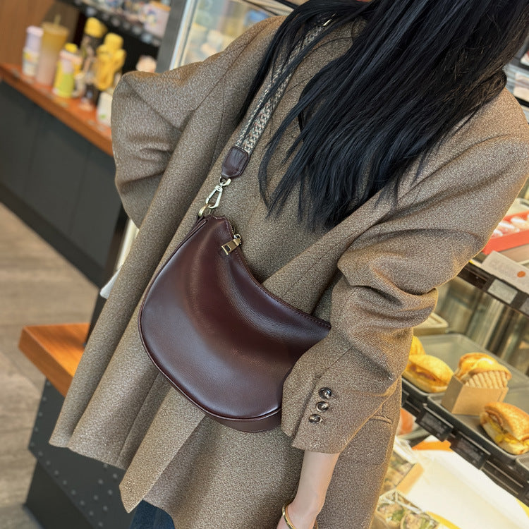 Leather Shoulder Bag Half-Moon Purse with Wide Strap