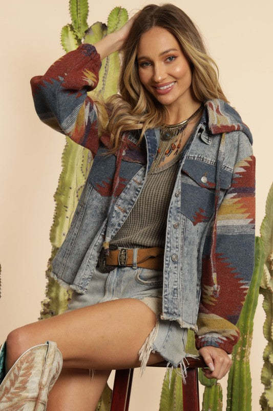 Oversized Hooded Patchwork Jean Jacket Western Aztec