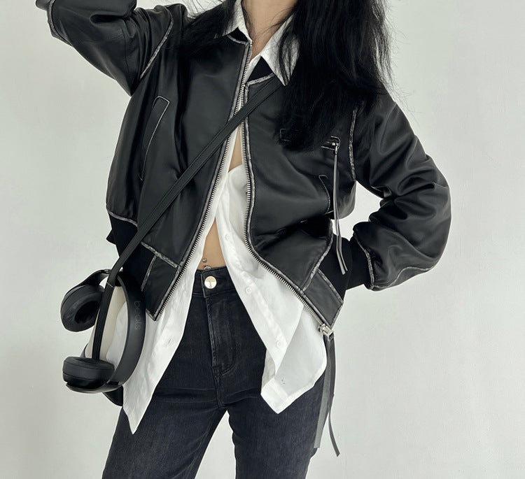 Women Leather Bomber Jacket Black Slim Fit Moto Coat