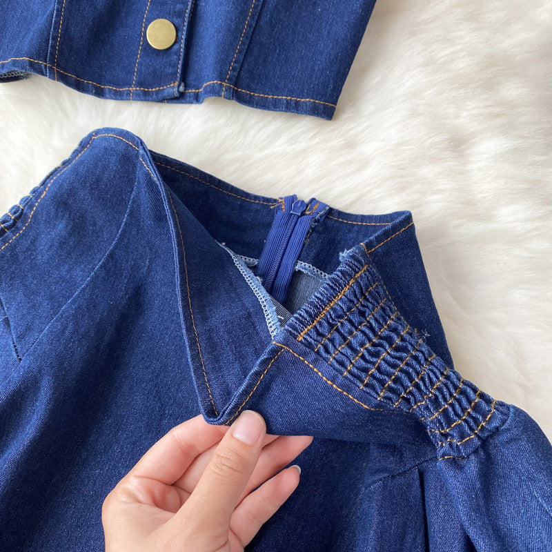 High Waist Denim Two Piece Skirt Set with Bustier Top for Women