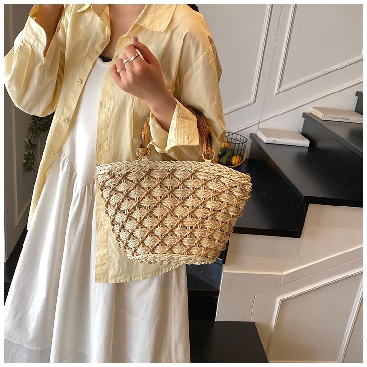 Woven Beach Summer Tote Bag with Bamboo Handles