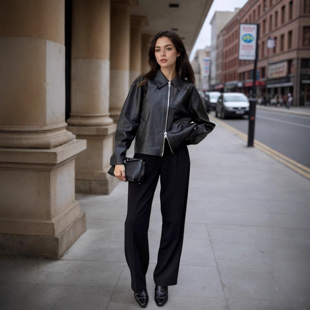 Black Faux Leather Bomber Jacket for Women with Zip Front