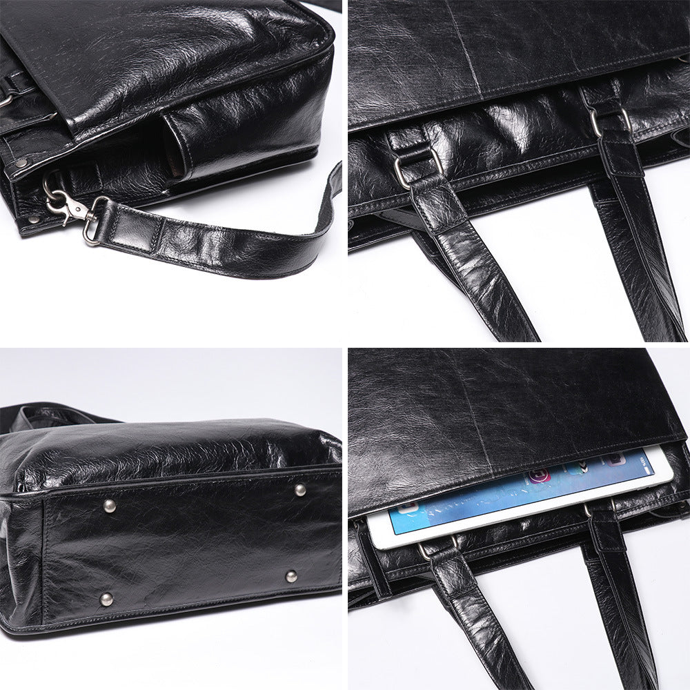 Leather Men's Business Laptop Briefcase with Shoulder Strap