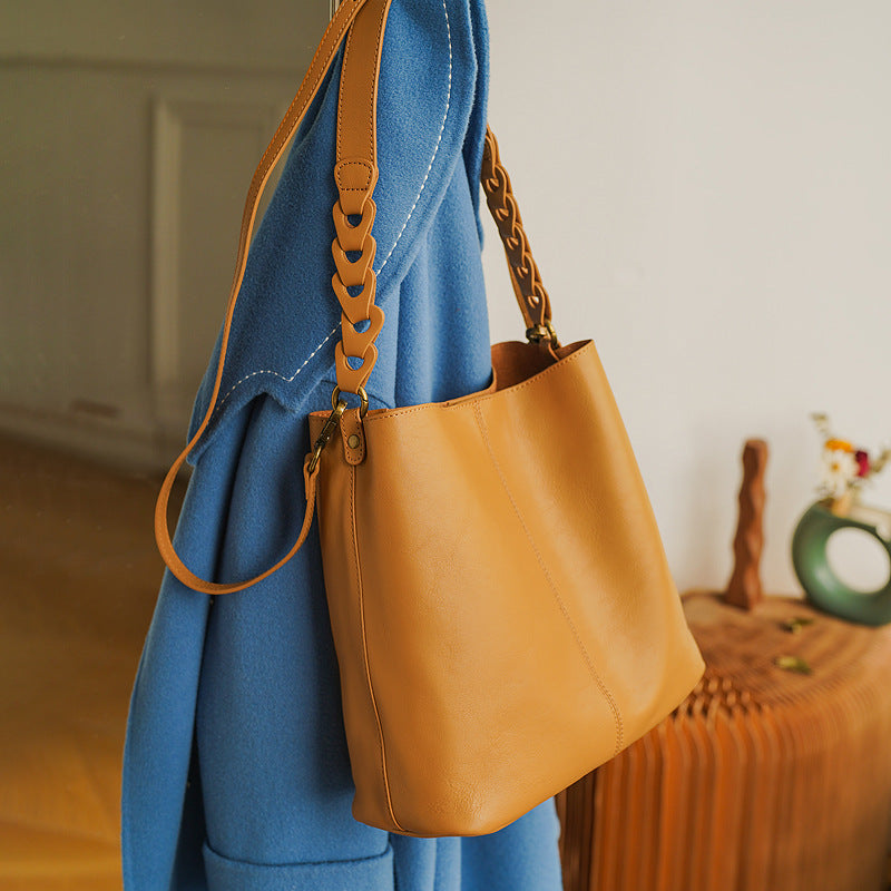 Women Leather Bucket Shoulder Bag Tote with Zipper