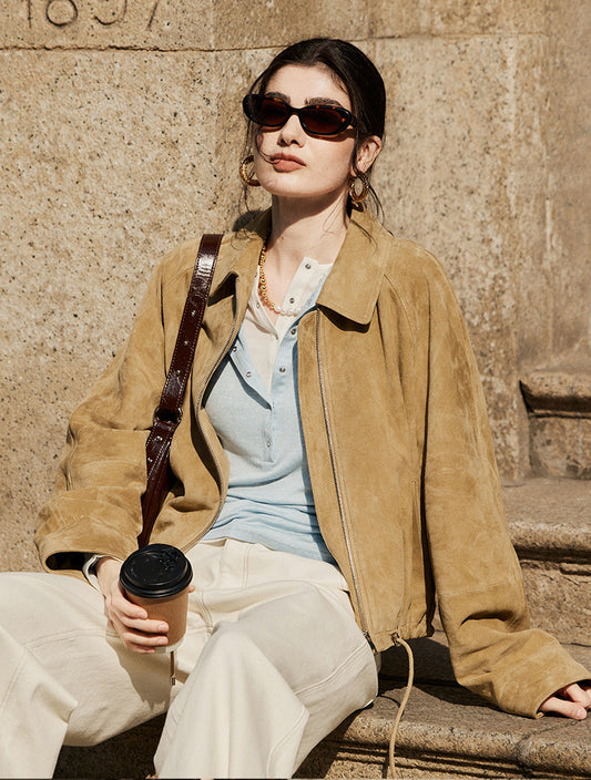 Tan Real Suede Leather Jacket for Women with Drawstring Hem