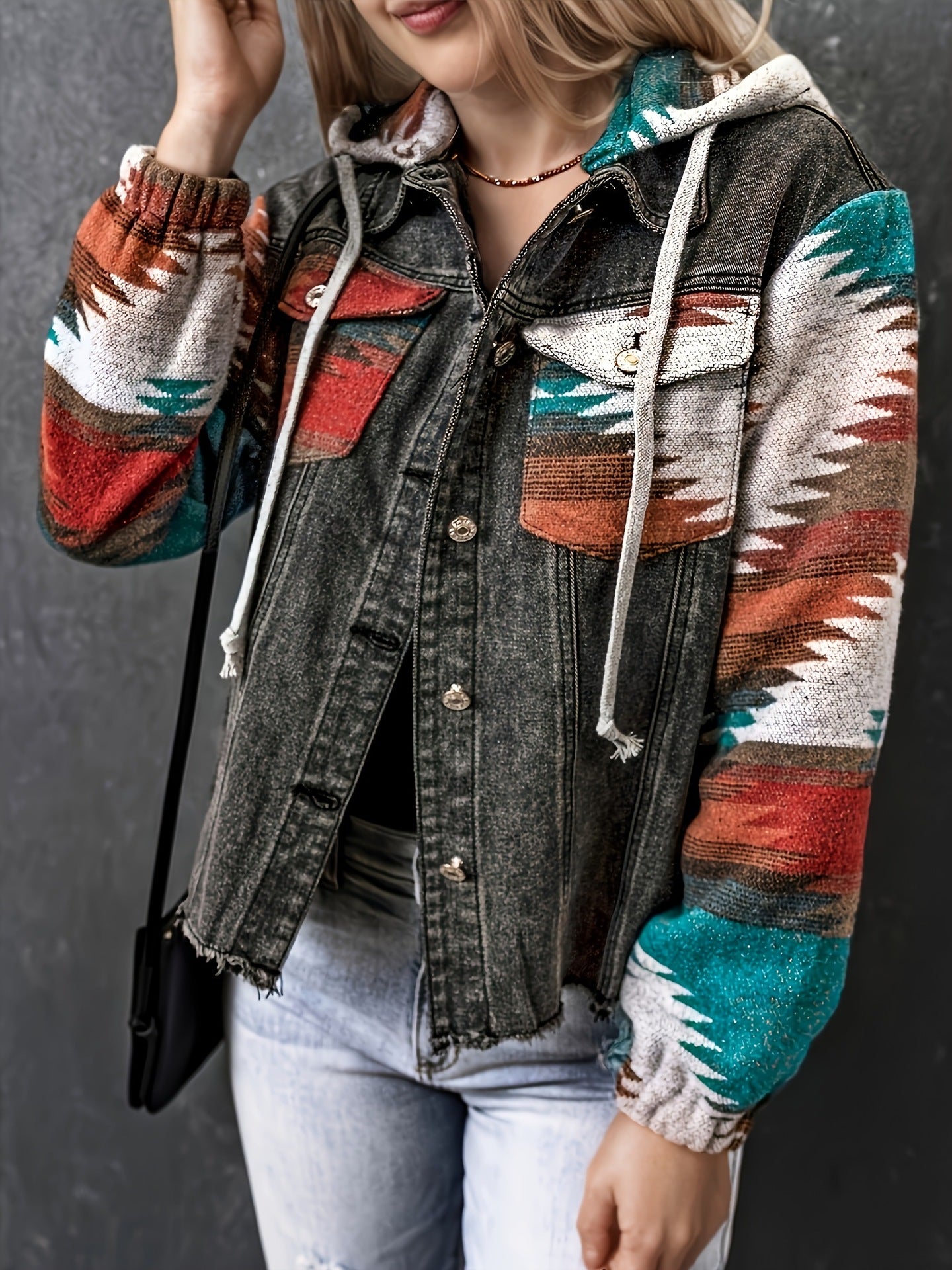 Oversized Aztec Denim Jacket with Hood and Tribal Sleeves