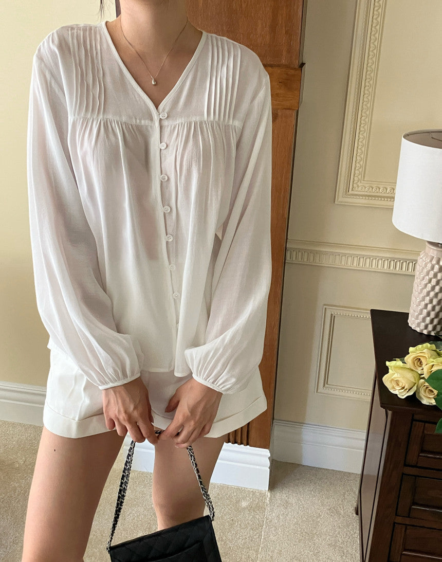 Women's Button Front Puff Sleeve Blouse