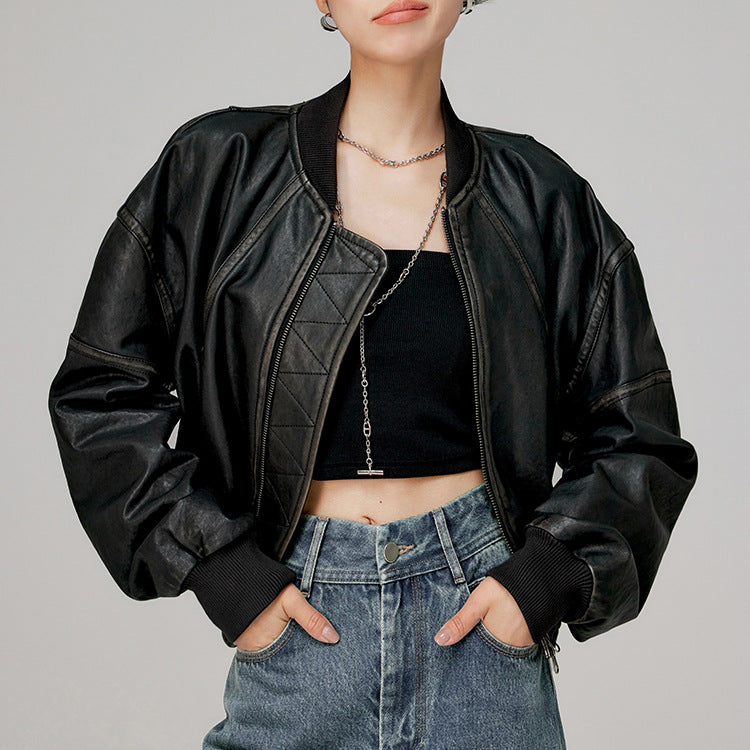 Women’s Genuine Leather Bomber Jacket Retro Baseball Style Coat