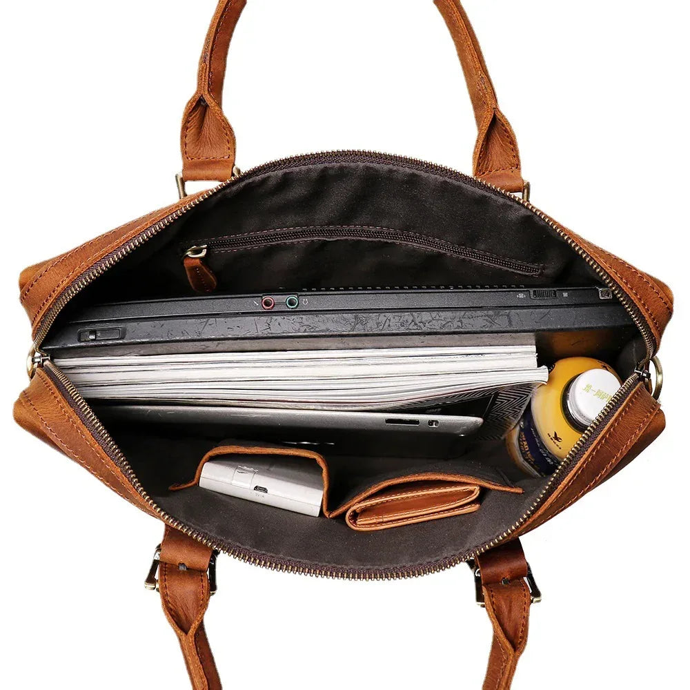 Men's Genuine Leather Office Bag Laptop Briefcase with Shoulder Strap