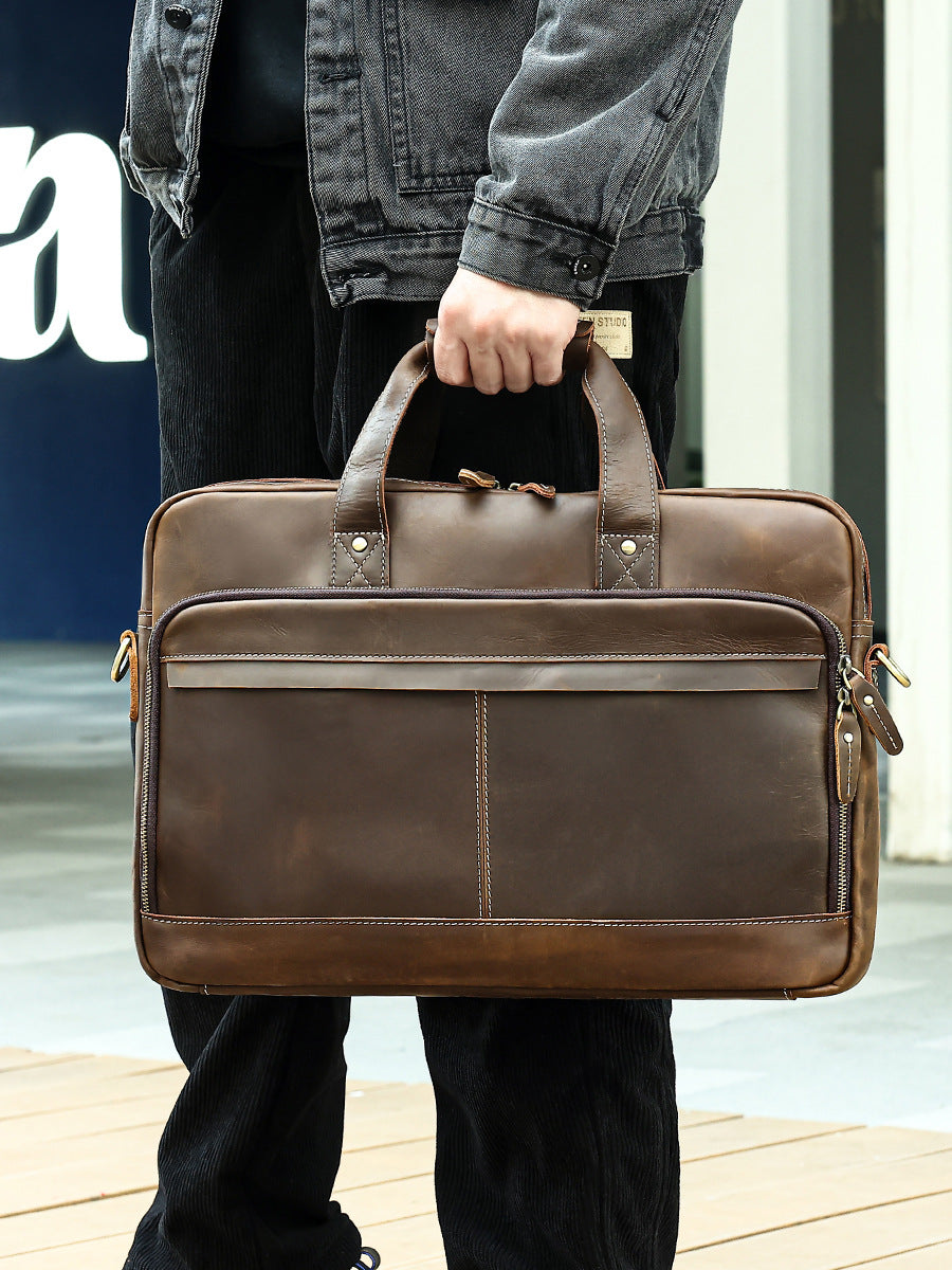 Genuine Leather Laptop Office Bag Briefcase with Trolley Sleeve
