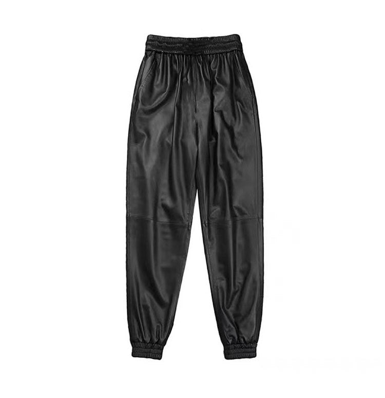 Women’s High Waisted Leather Pants Soft Lined Elastic Cuff Trousers