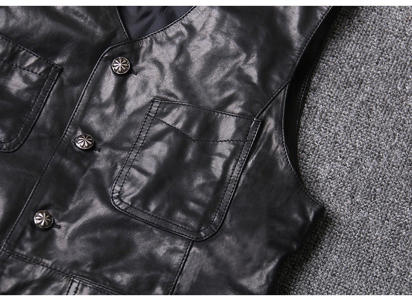 Men Leather Vest Sheepskin Black V-Neck Button Waistcoat
