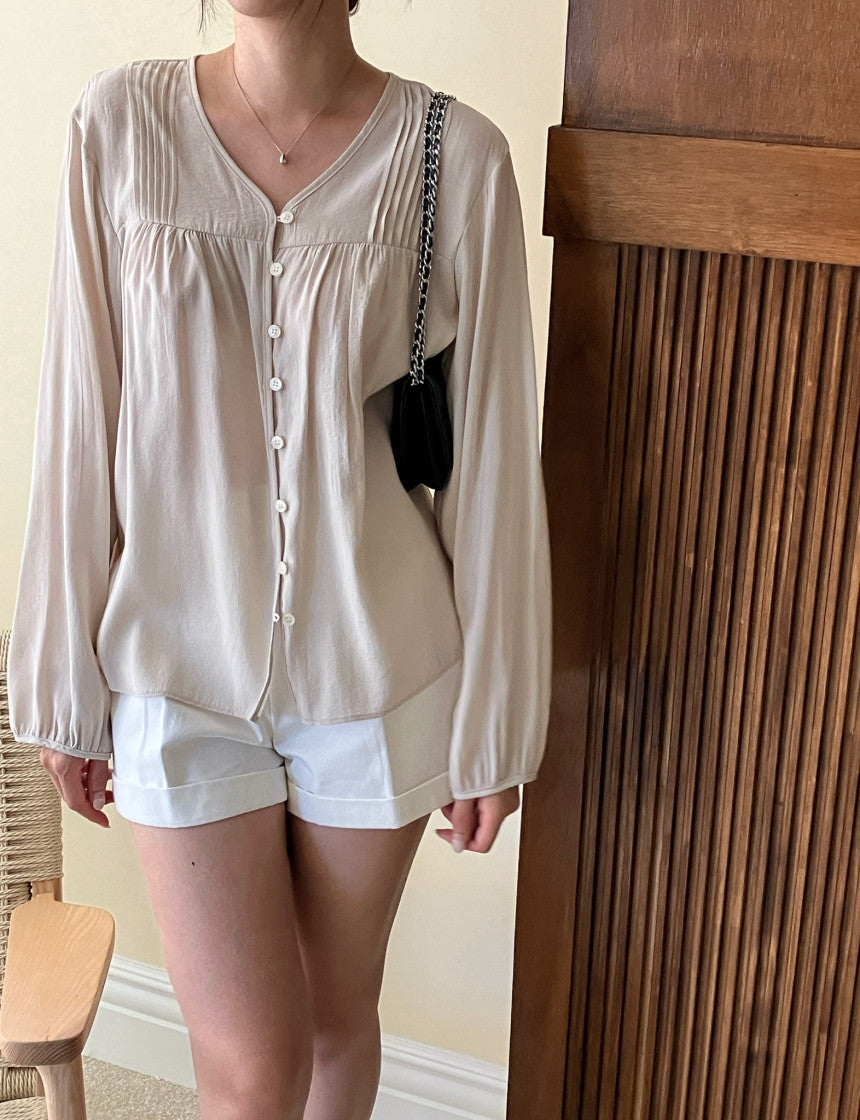 Women's Button Front Puff Sleeve Blouse