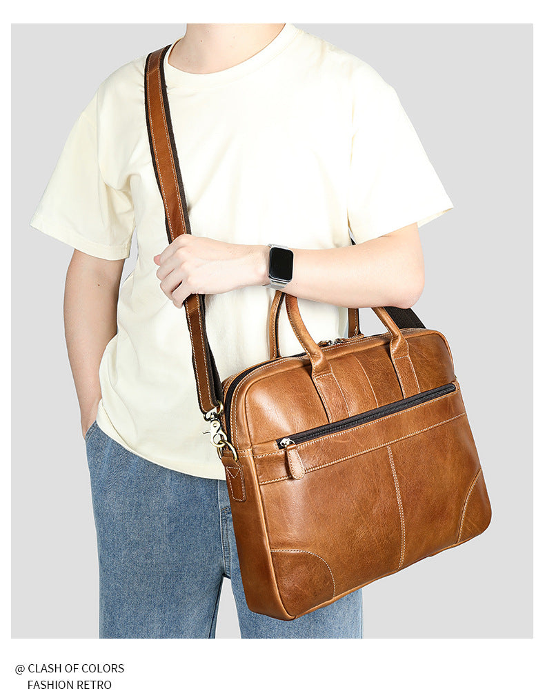 Genuine Leather Briefcase Bag with Trolley Sleeve