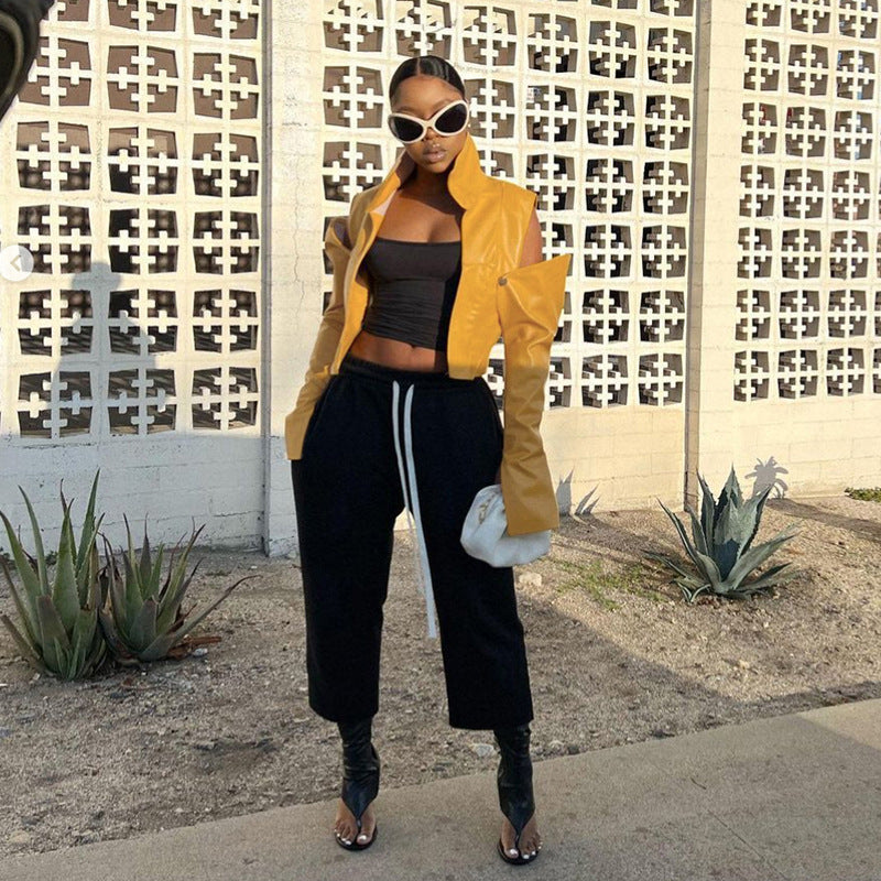 Cropped Faux Leather Jacket for Women with Detachable Sleeves