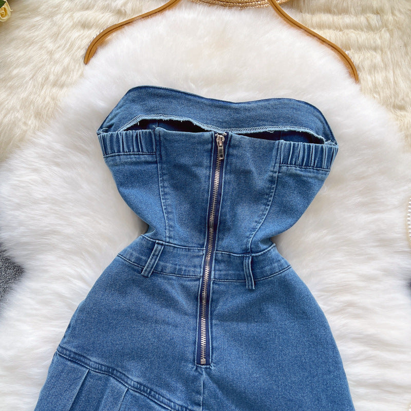 Strapless Denim Mini Bodycon Dress with Pleated Skirt
