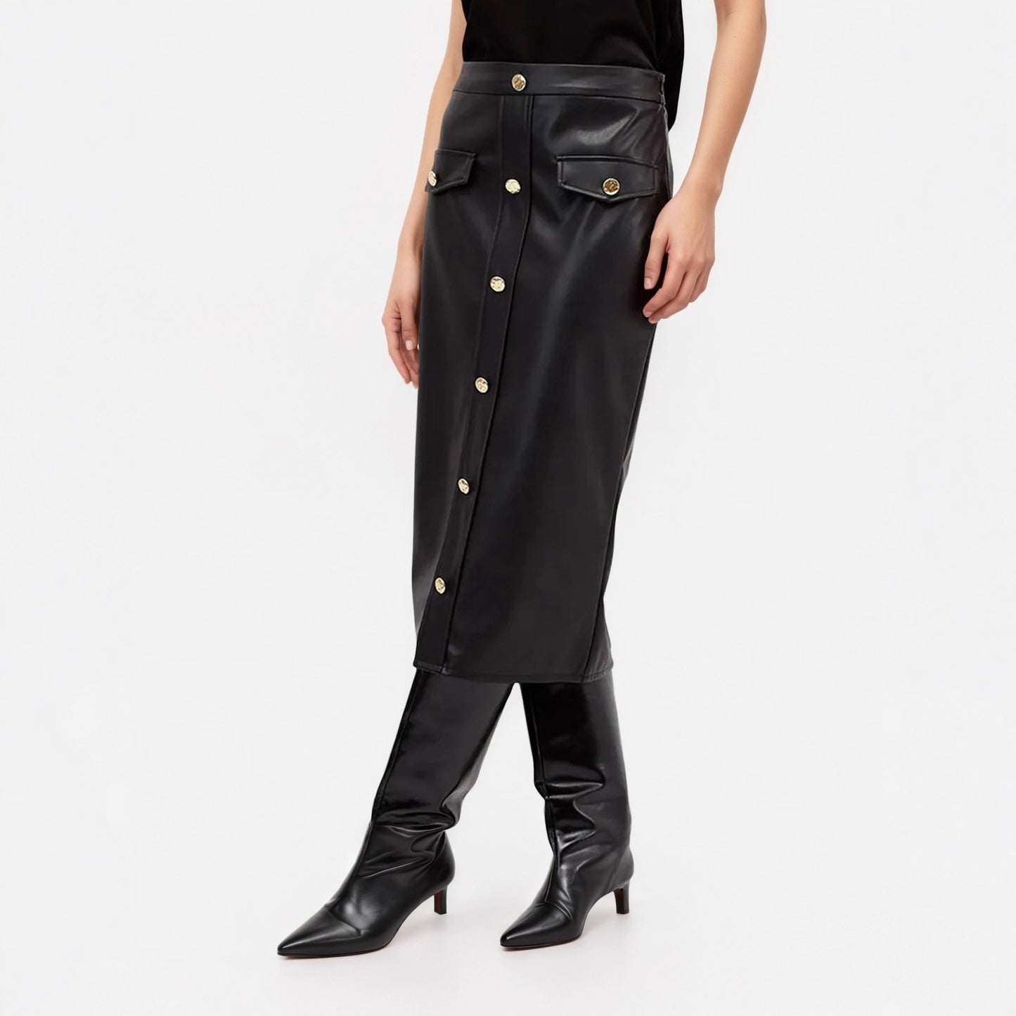 Black Faux Leather Pencil Skirt With Gold Buttons