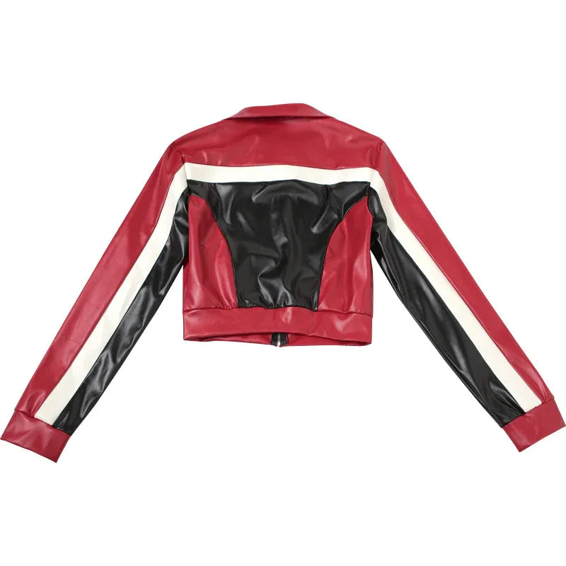 Red Faux Leather Bomber Jacket Women Moto Style