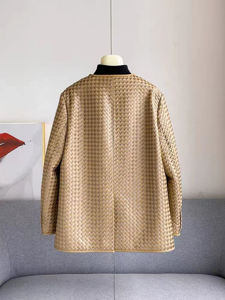Leather Woven Jacket for Women Loose Fit Suit Style Blazer