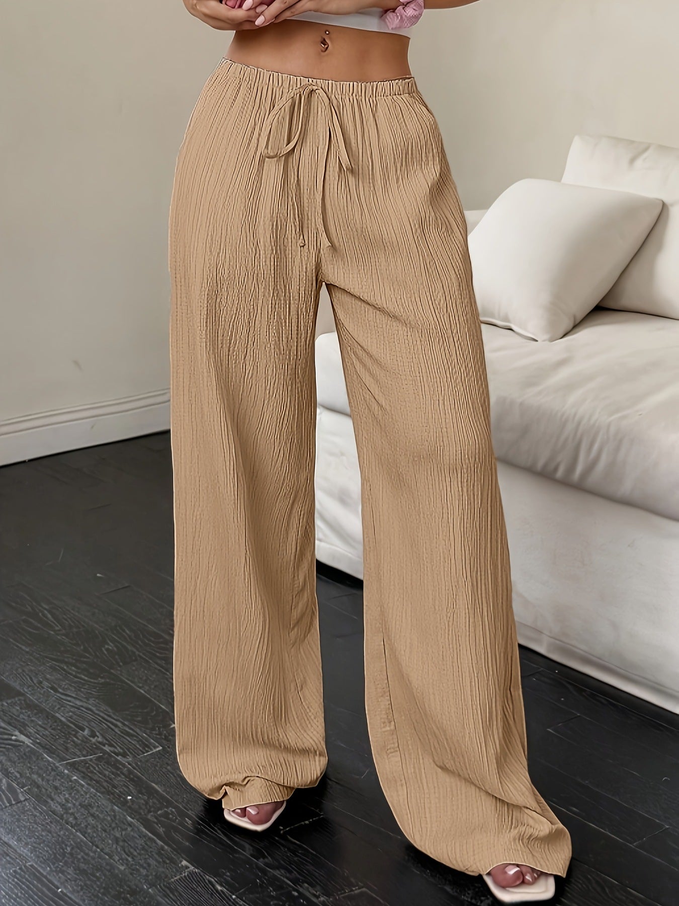 White Cotton Lounge High Waisted Pants for Women with Pockets