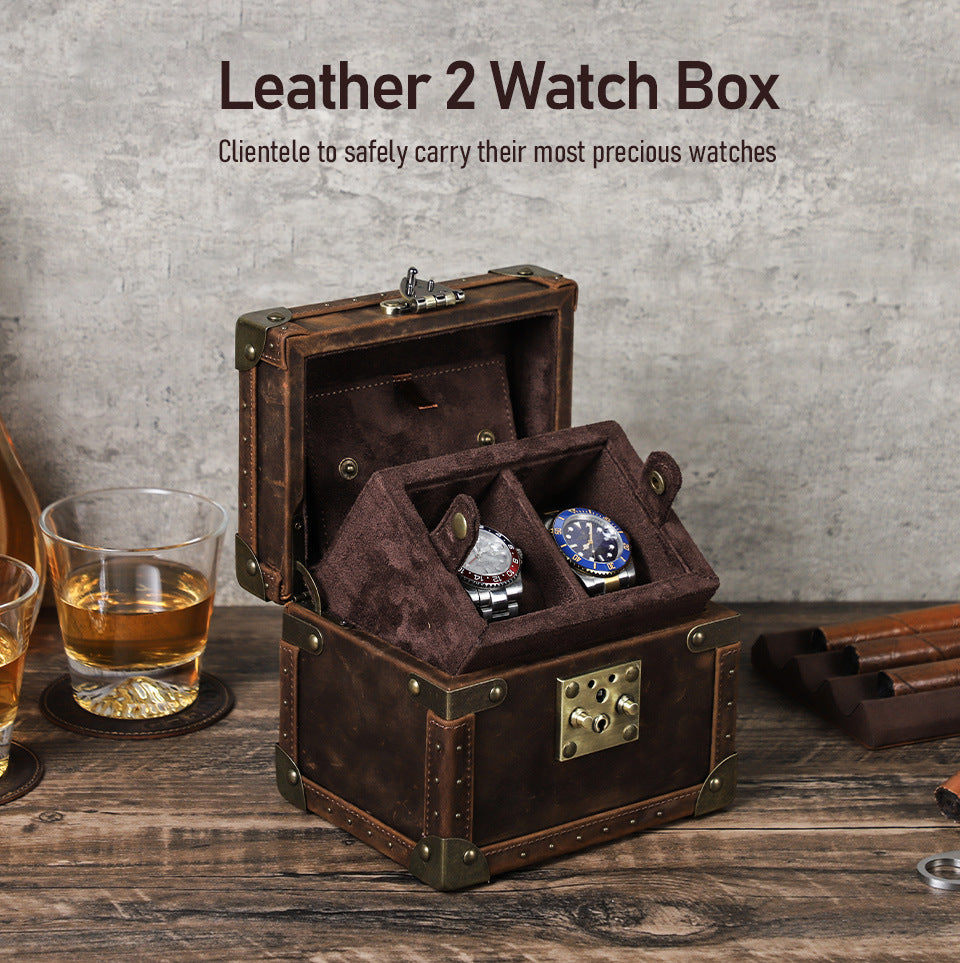 Brown Leather Watch Box for Men 2 Slot Display Case