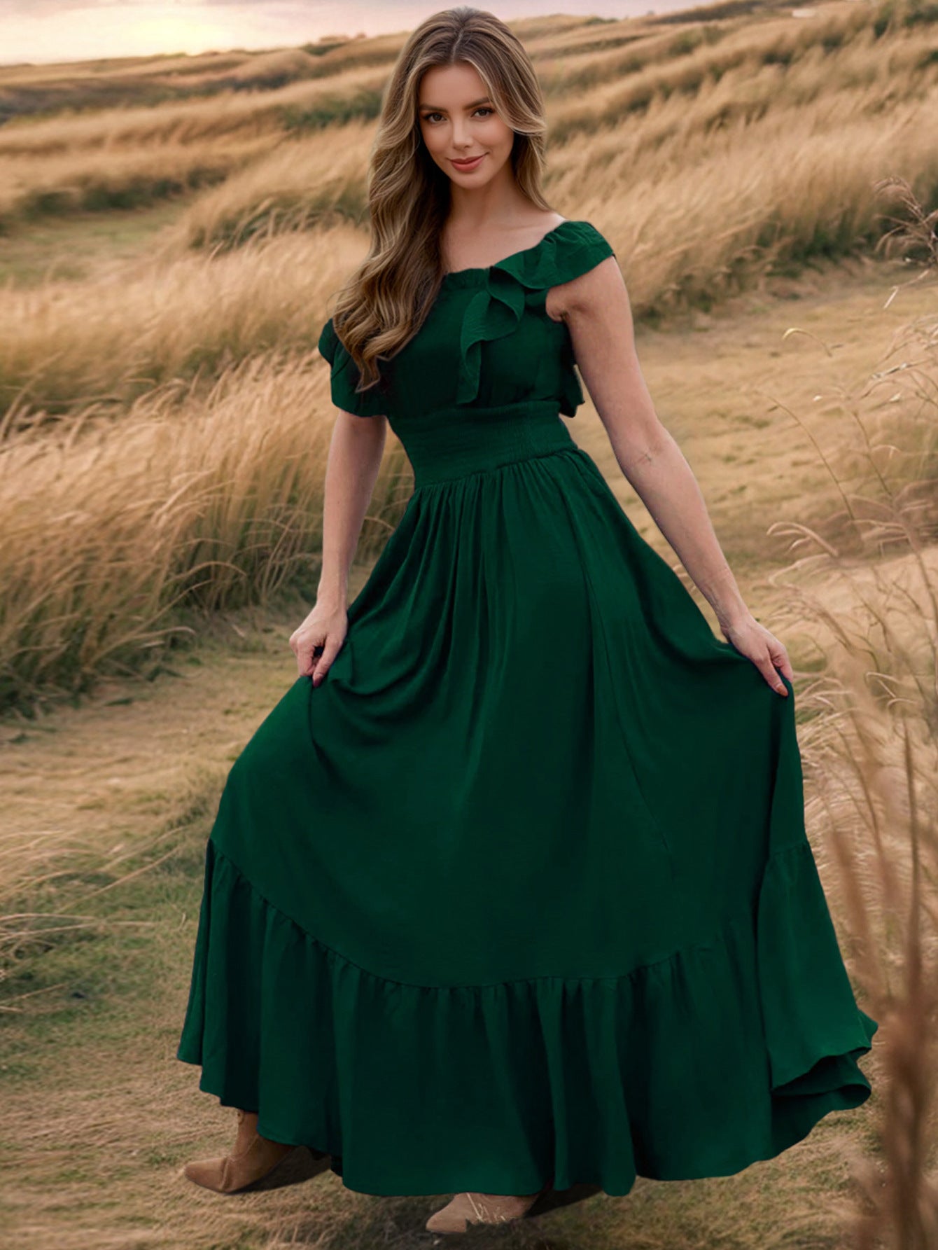 Green Ruffle Maxi Dress for Petite Women Wedding Gown