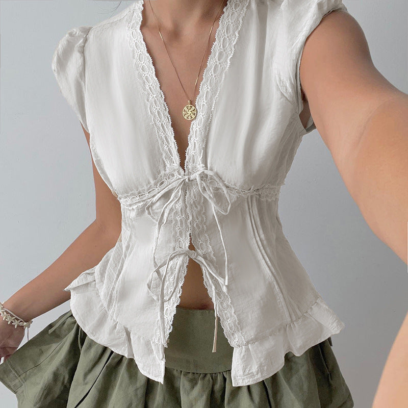 bow tie puff sleeve shirts for women