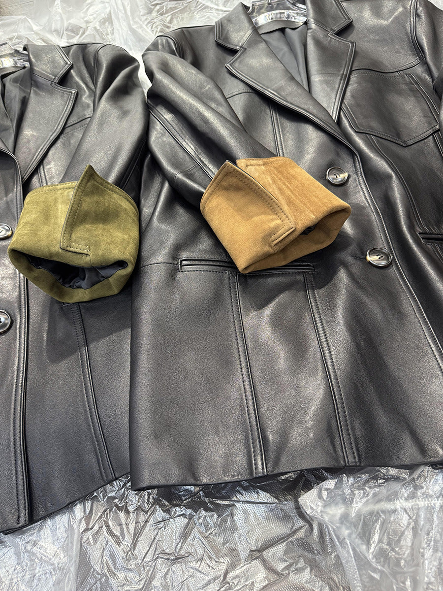 Women Leather Jacket Mid-Length Blazer with Suede Cuffs