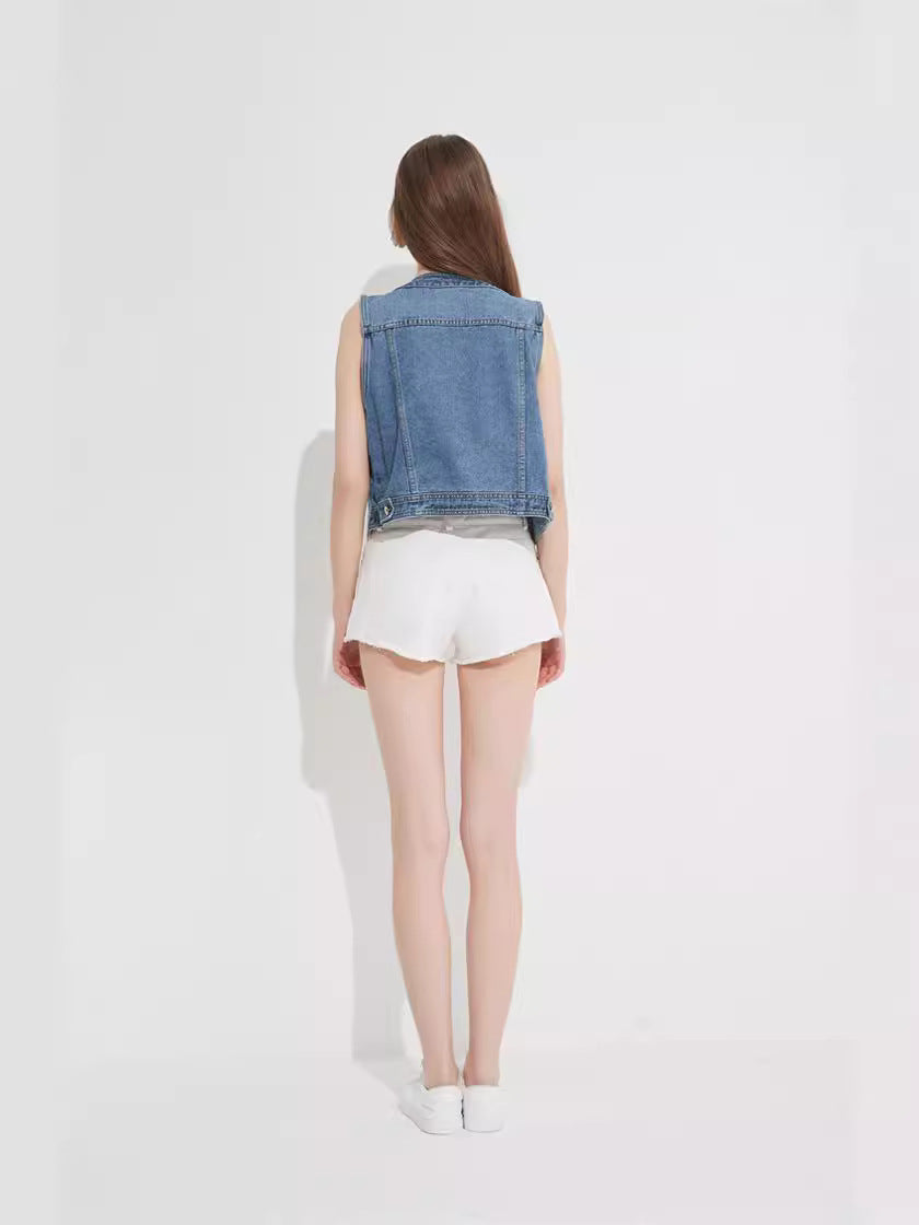 Flap Pocket Button Front Vest Denim Jacket