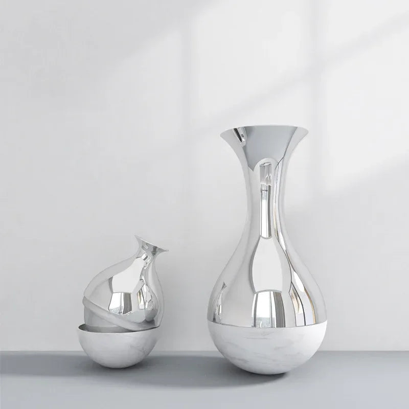 Modern Light Luxury Marble Vase with Silver Finish