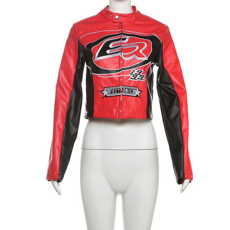 Women's Red Faux Leather Jacket with Cropped Biker Bomber Fit