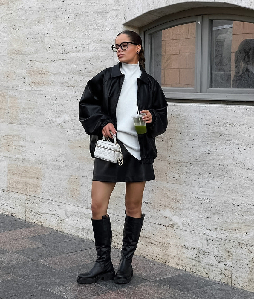 Oversized Faux Leather Jacket for Women