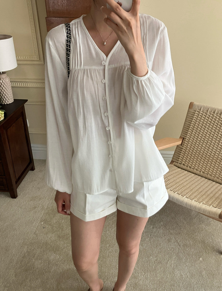 Women's Button Front Puff Sleeve Blouse
