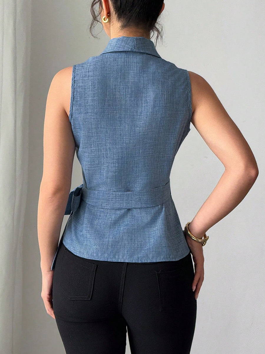 Women's Lapel Collar Wrap Crop Top Workwear Vest