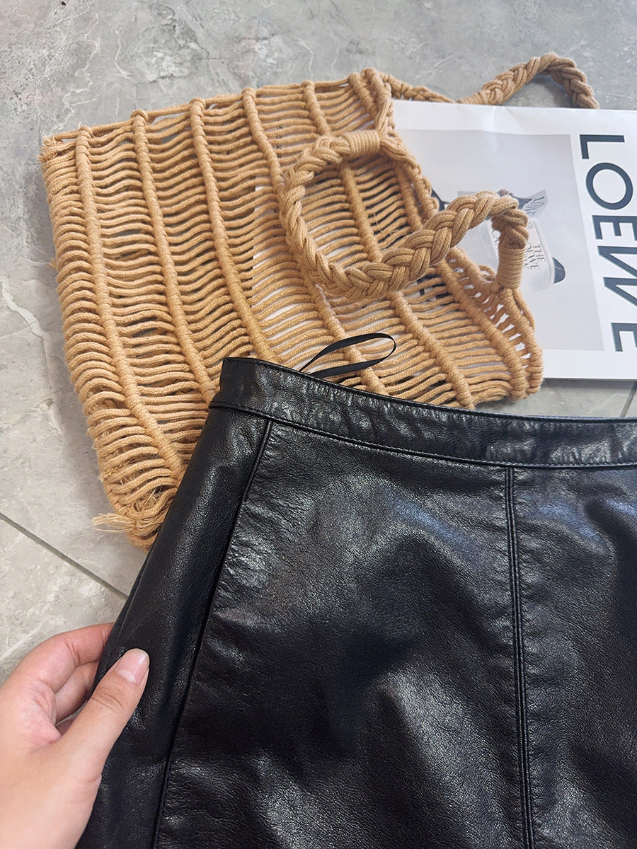 Genuine Leather Mini Skirt High Waist Slit