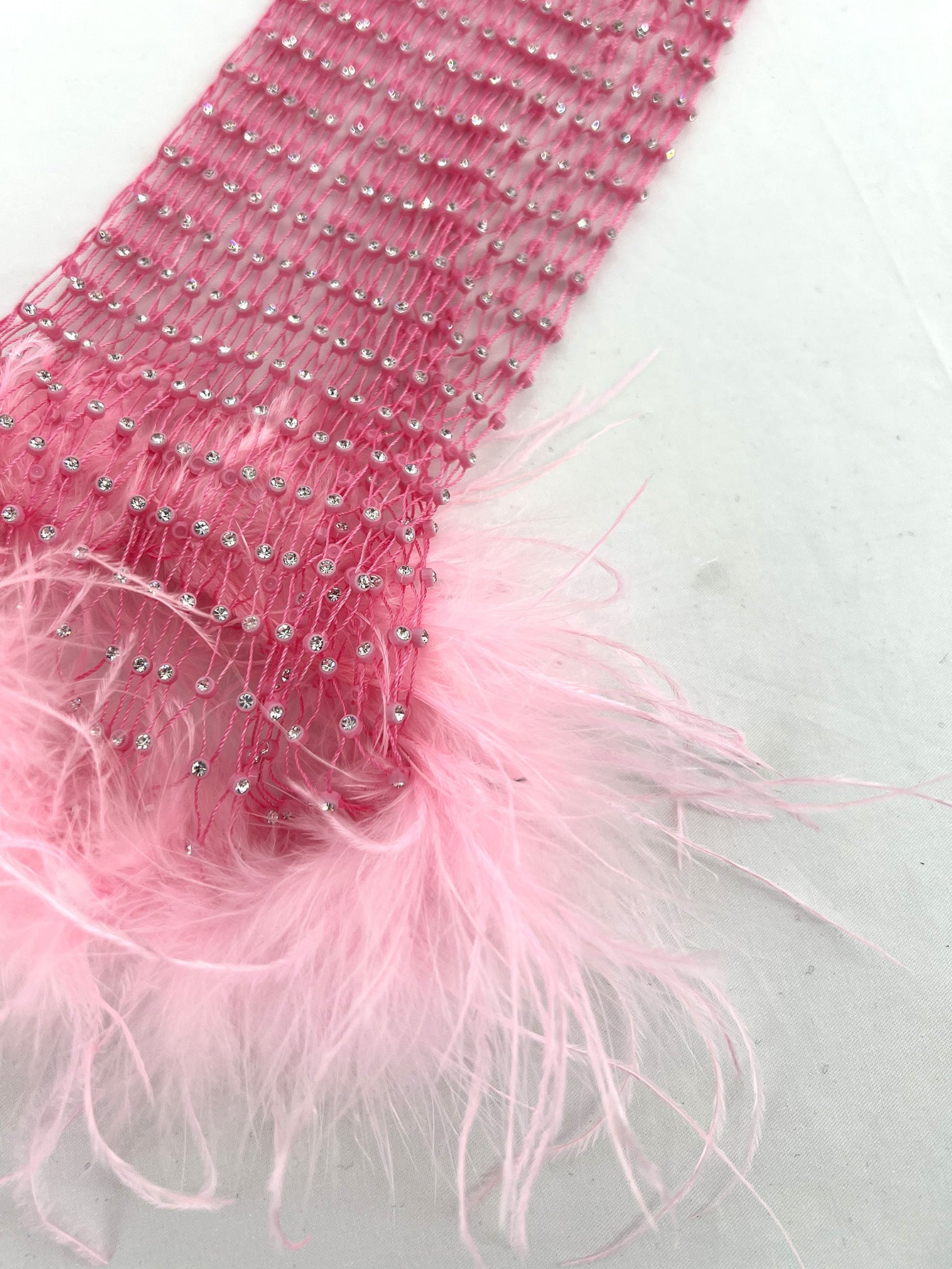 pink rhinestone fishnet mesh festival outfit feather trim women