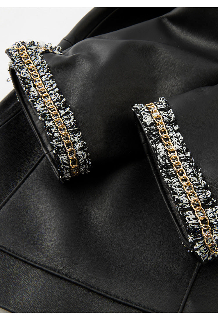 Women’s Leather Jacket with Chain Trim and Tweed Edge