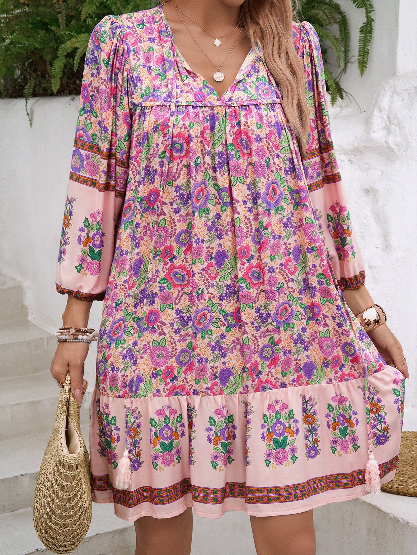Floral Boho Mini Summer Dress with Tassels