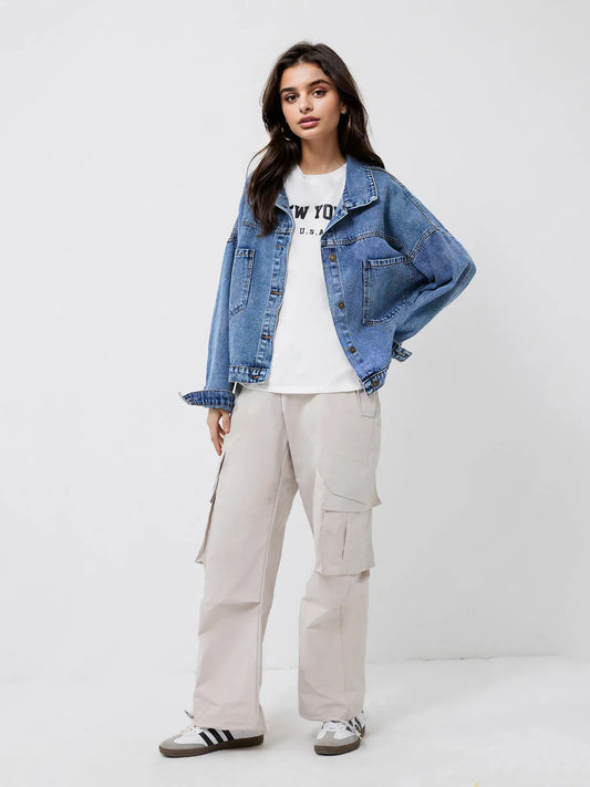 oversized denim jacket women dual pocket