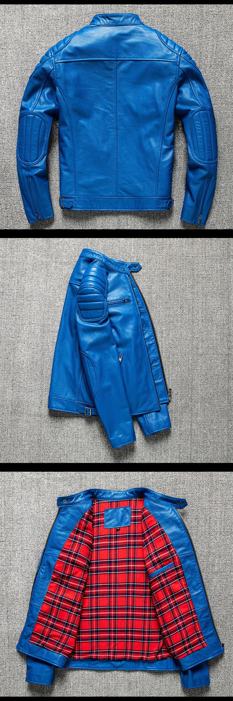 Blue Leather Biker Jacket for Men Slim Fit Motorcycle Style