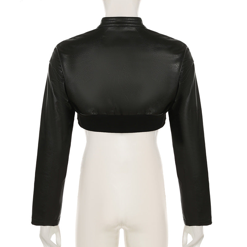 Cropped Faux Leather Jacket Women Moto Bomber Style