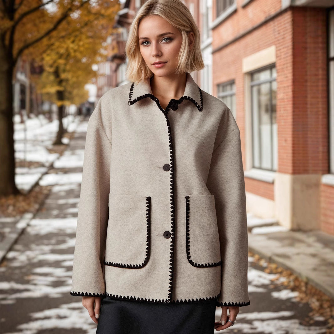 Women’s Wool Blend Contrast Trim Lapel Jacket with Double Pockets