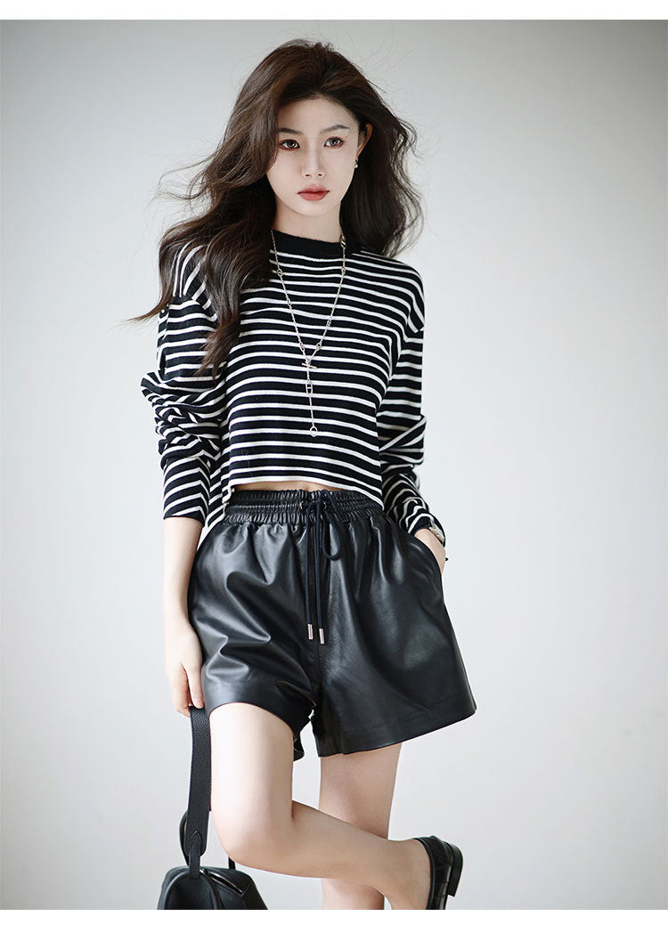 Women’s High Waisted Black Leather Shorts Wide-Leg