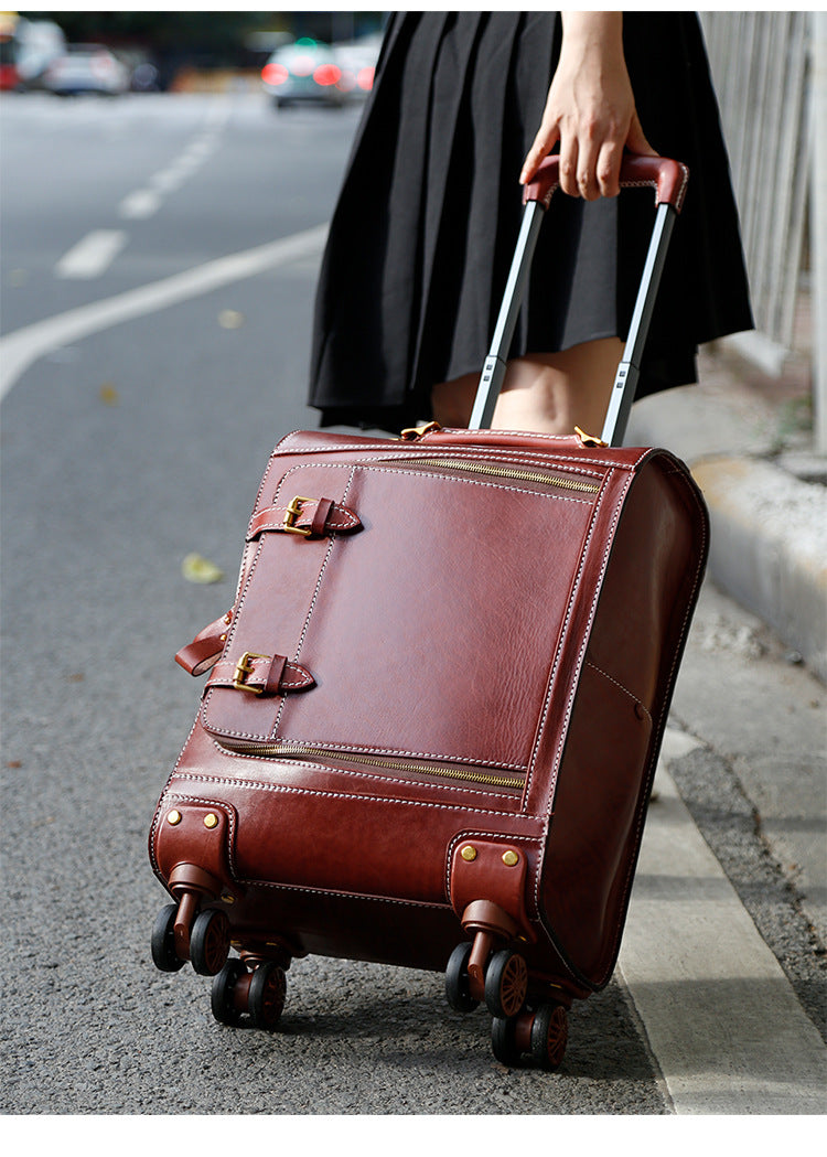 Leather Trolley Suitcase Large Capacity 20 Inch Rolling Luggage