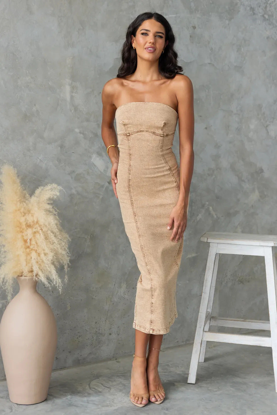 Women Slim Strapless Denim Midi Dress Bodycon