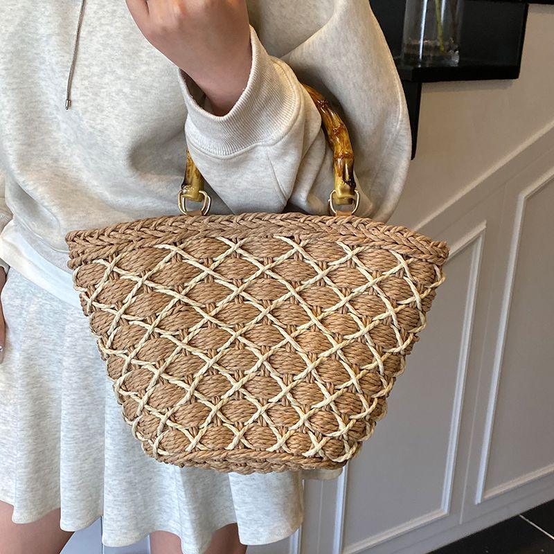 Woven Beach Summer Tote Bag with Bamboo Handles