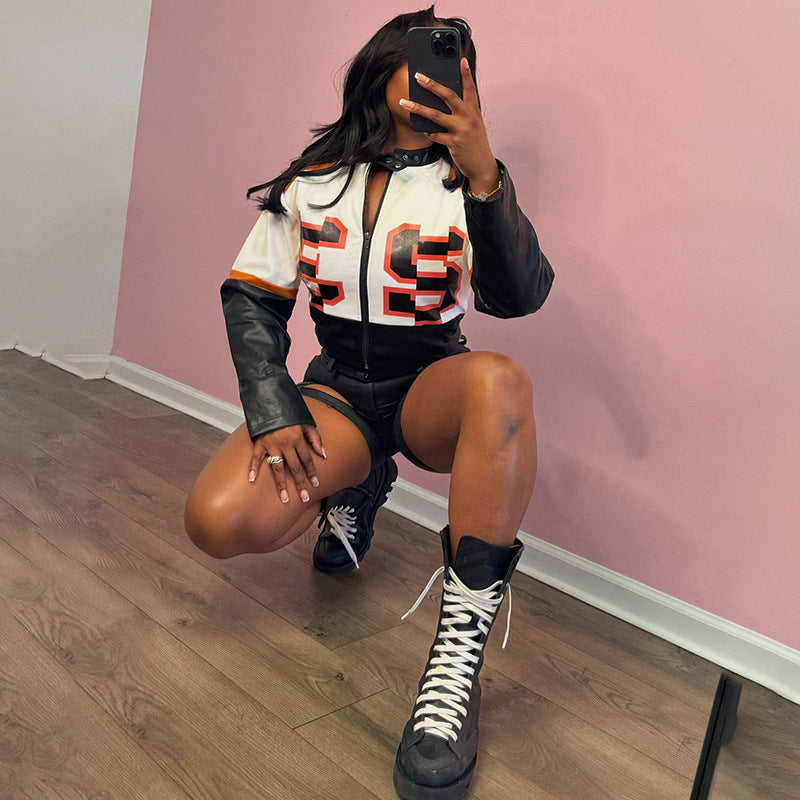 Cropped Faux Leather Bomber Jacket With Patch